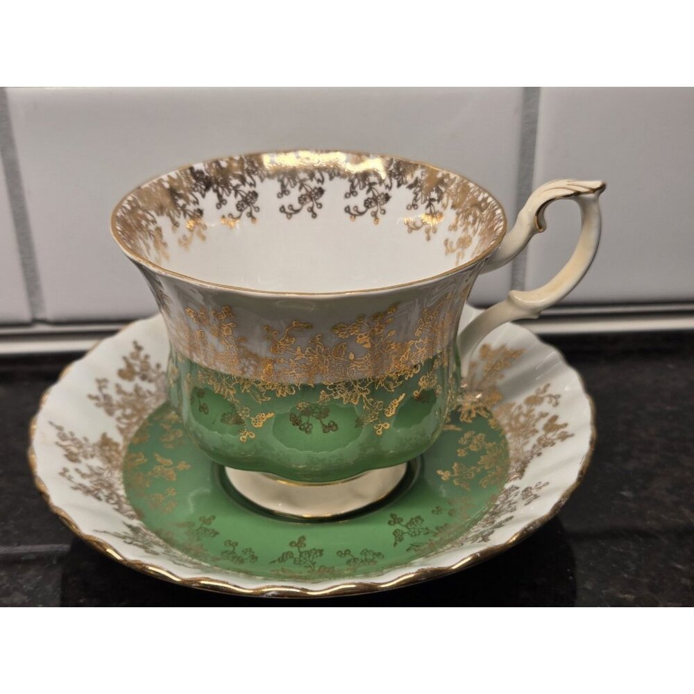 Royal Albert Regal Series Bone China Green Footed Tea Cup Saucer Discontinued
